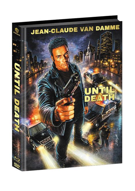"JEAN-CLAUDE VAN DAMME" und "UNTIL DEATH" in großen Lettern. Eine dramatische Illustration mit Pistole und Polizeiautos.
