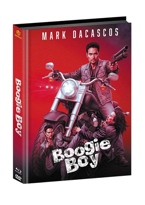 Auf rotem Hintergrund steht "Mark Dacascos" oben und "Boogie Boy" unten. Ein Mann auf einem Motorrad hält eine Waffe.