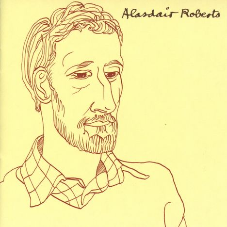 Text: "Alasdair Roberts". Gezeichnete Illustration eines nachdenklich blickenden Mannes mit Bart und kariertem Hemd.