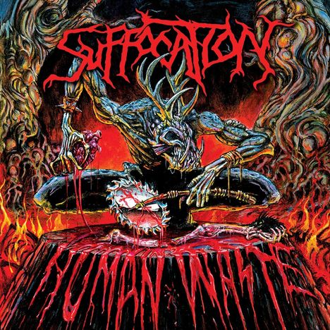 Text: "Suffocation", "Human Waste". Illustration eines düsteren Wesens mit Hörnern, das eine blutige Kettensäge hält.