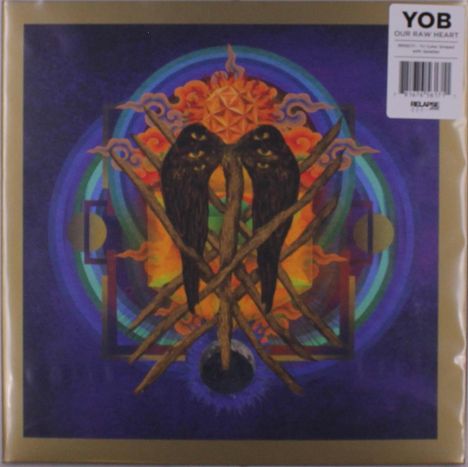 "YOB Our Raw Heart" steht oben rechts. Illustration: Zwei schwarze Vögel auf abstraktem, buntem Hintergrund mit geometrischen Formen.