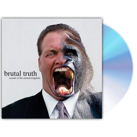 "brutal truth sounds of the animal kingdom" steht auf einem Cover. Es zeigt ein Gesicht halb Mensch, halb Gorilla.