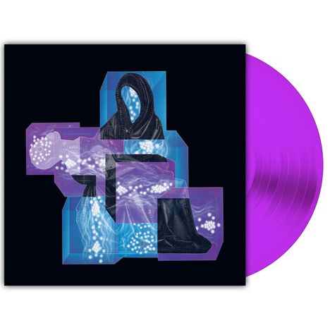 Logo mit Kapuze in blauen und violetten geometrischen Formen, daneben eine violette Schallplatte.