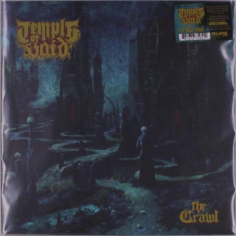 „Temple of Void“, „The Crawl“. Dunkle, mystische Landschaft mit schattenhaften Figuren und Gebäuden.