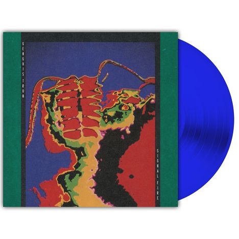 GENGHIS TRON, SIGNAL FIRE; bunte, abstrakte Darstellung eines Skeletts in Wärmebildfarben, blauer Vinyl.