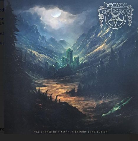 Text: "Hecate Enthroned" und "The Corpse of a Titan, A Lament Long Buried". Mystische Landschaft mit Ruinen im Mondlicht.