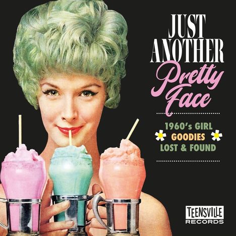 JUST ANOTHER Pretty Face, 1960's GIRL GOODIES LOST & FOUND. Eine Frau hält drei bunte Milchshakes.