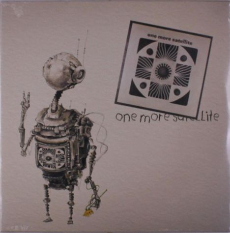 Text: "one more satellite". Illustration eines Roboters mit blumenartigem Objekt, gestreckter Hand und einem quadratischen Muster.