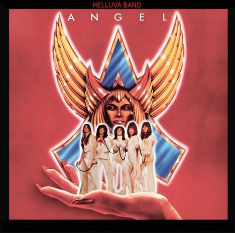 „HELLUVA BAND“, „ANGEL“. Fünf Personen in Weiß auf einer Hand, im Hintergrund ein Engel mit goldenen Flügeln.