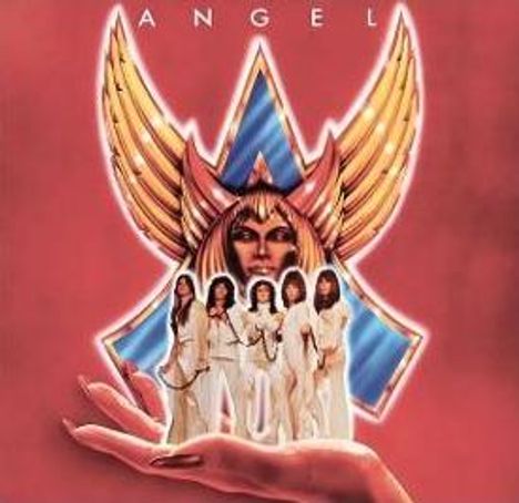 Text: "ANGEL". Illustration mit fünf Personen in weißen Outfits auf einer Hand vor einer Gestalt mit Flügelhelm.