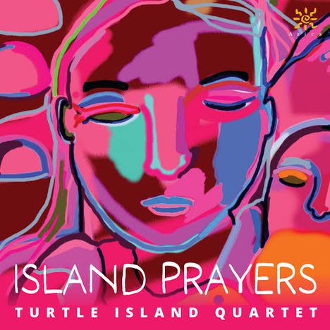 „ISLAND PRAYERS“, „TURTLE ISLAND QUARTET“. Eine bunte Illustration mit stilisiertem, meditierendem Gesicht.