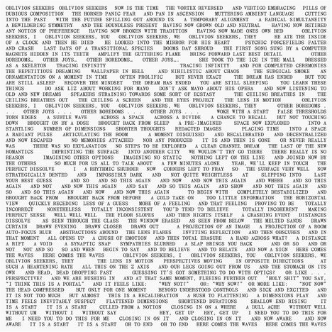 Oblivion Seekers repeated oftens. Eloquent text block discussing themes: time, reality, memory, perception, and existential musings.