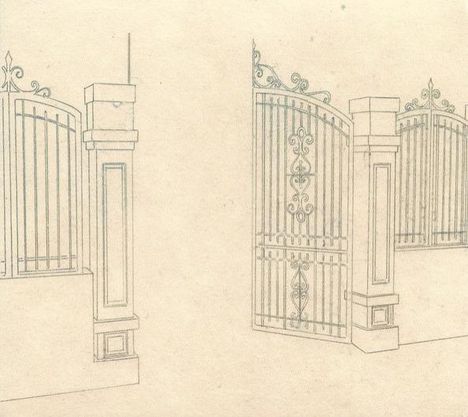 Illustration eines kunstvoll verzierten Tors mit dekorativen Eisengittern und Mauerpfeilern.
