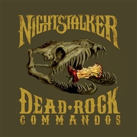 NIGHTSTALKER DEAD ROCK COMMANDOS; Dinosaurierschädel mit einem roten und goldenen Knochen im Maul.