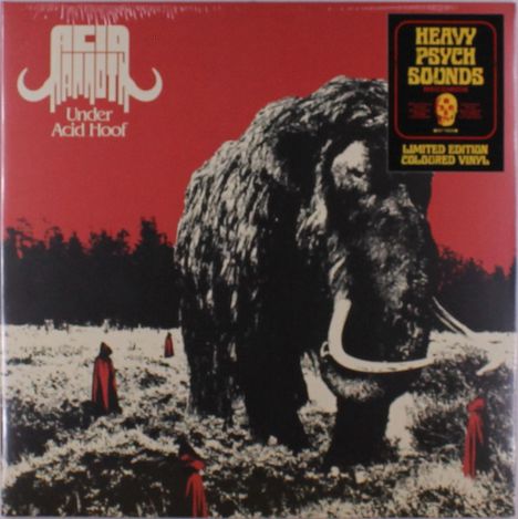 Oben links: „Acid Mammoth - Under Acid Hoof“. Rechts oben: „Heavy Psych Sounds“. Ein Mammut vor rotem Himmel.