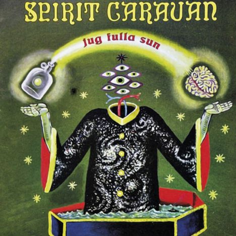 „Spirit Caravan. Jug fulla sun.“ Surreale Figur mit Hut aus Augen, schwebendem Gehirn und Kanister, im Universum mit Sternen.