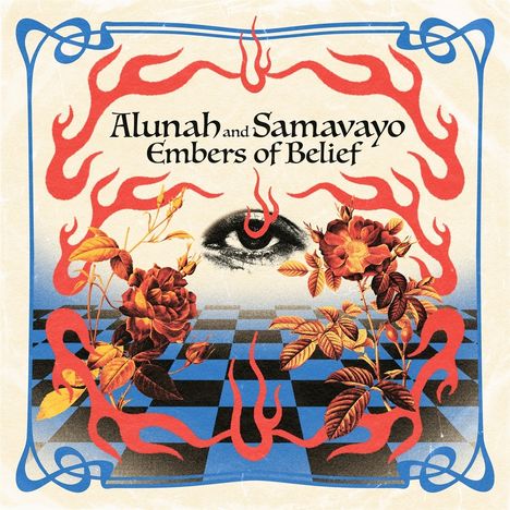 "Alunah and Samavayo, Embers of Belief" inmitten von roten Flammen, Rosen und einem Auge auf blau-schwarzem Muster.
