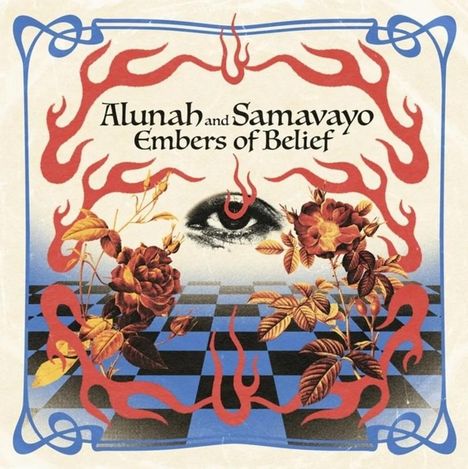 "Alunah and Samavayo Embers of Belief". Ein Auge, Rosen und rote Flammen auf blau-schwarz kariertem Hintergrund.