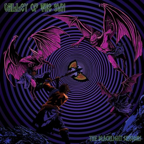 "VALLEY OF THE SUN" und "THE BLACKLIGHT SESSIONS". Illustration: Mensch kämpft gegen lilafarbene Dämonen auf spiralförmigem Hintergrund.