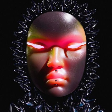 Eine schimmernde Maske mit leuchtenden Augen umgeben von spitzen, dunklen Elementen in Neonfarben.