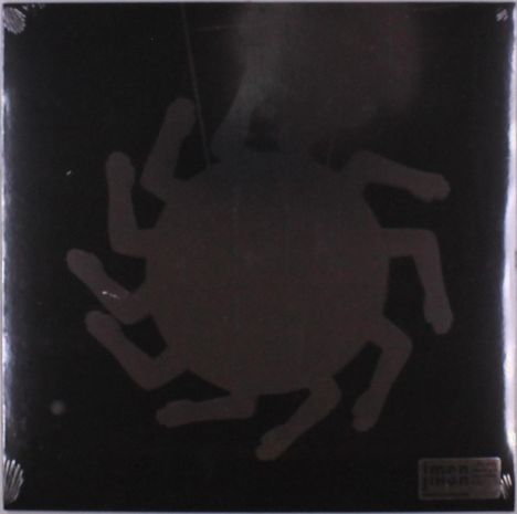 Rechts unten ein leicht lesbarer, quadratischer Text. Silhouette einer Spinne auf schwarzem Hintergrund.