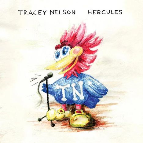 „TRACEY NELSON HERCULES“ und „TN“ auf dem blauen Körper eines bunten, cartoonartigen Vogels mit Mikrofon.