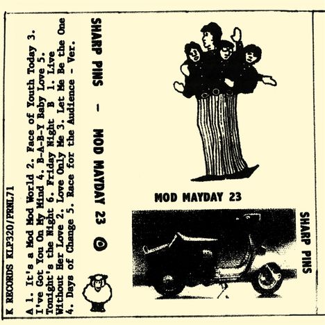 Texte: "MOD MAYDAY 23", "SHARP PINS". Illustration von fünf Menschen in gestreifter Kleidung. Scooter darunter. Schaf-Logo.