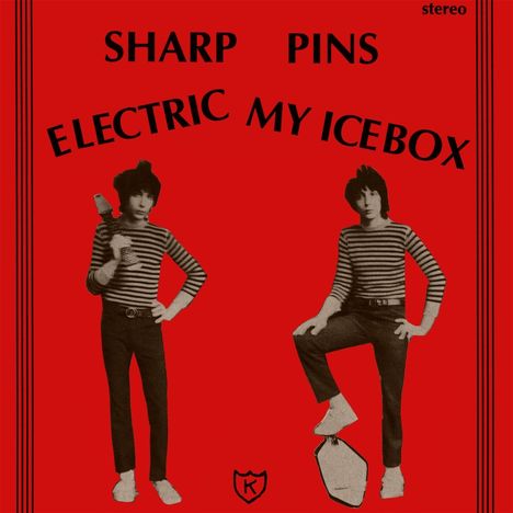 Der Text lautet: "SHARP PINS ELECTRIC MY ICEBOX". Zwei Personen in gestreiften Shirts auf rotem Hintergrund.