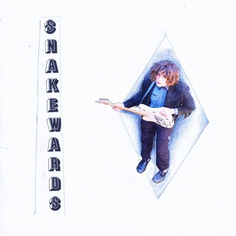 Text: "SNAKEWARDS". Eine Person spielt E-Gitarre, in einem rautenförmigen Rahmen dargestellt.