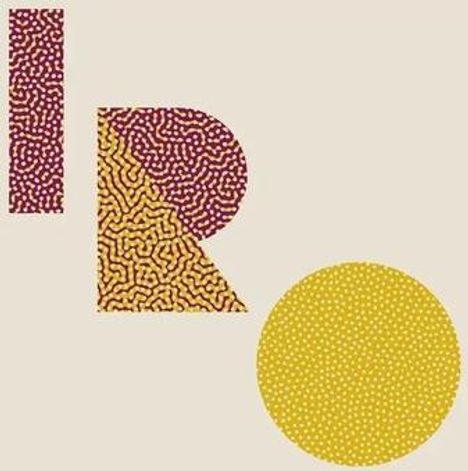 Logo mit den Buchstaben "IRO". Muster aus rot-lila und gelblichen Punkten.