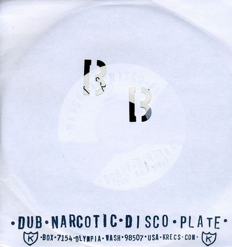 Text: "Dub Narcotic Disco Plate." Zwei stilisierte, schattierte "B"-Buchstaben auf hellem Hintergrund. Unten Kontaktinfo.