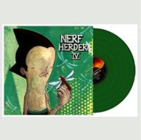 Text: "NERF HERDER IV". Illustration: Figur mit großen Haaren hält eine Libelle. Grüne Schallplatte daneben.