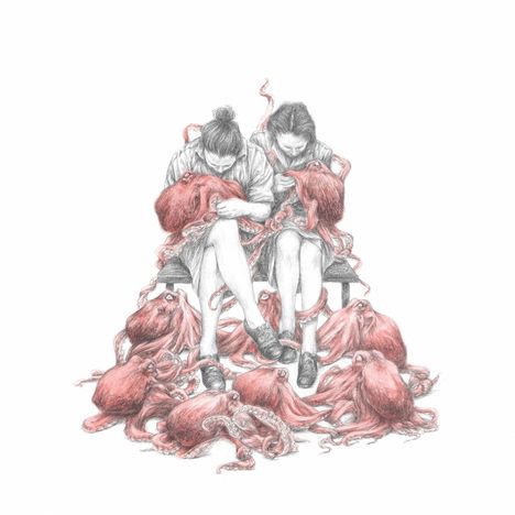 Illustration: Zwei Personen sitzen, halten rote Oktopusse im Arm, umgeben von weiteren Oktopussen auf dem Boden.