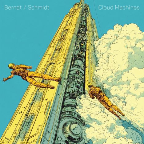 Text: „Berndt / Schmidt“, „Cloud Machines“. Illustration: Zwei Personen schweben vor einer gigantischen Maschinenstruktur.