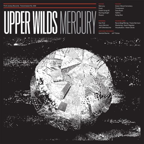 Text: UPPER WILDS MERCURY. Sun Side: Mercury, Fever, Death Song #3, Burning Bright, Reaper. Illustration: Abstrakte, schwarz-weiße Muster und Formen.