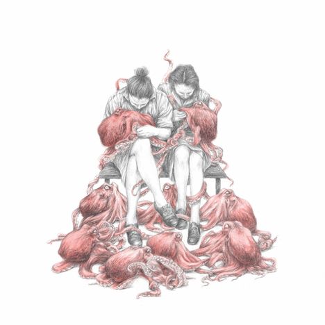 Zwei sitzende Personen halten rote Kraken, die sich um sie schlingen; zahlreiche Kraken umgeben sie auf dem Boden.