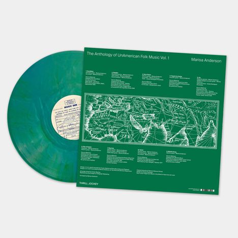 Der Text beschreibt eine Musik-Compilation: "The Anthology of UnAmerican Folk Music Vol. 1". Es zeigt eine grüne Vinylplatte.