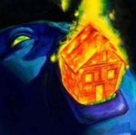 Eine Illustration zeigt ein brennendes Haus im Maul einer blauen Kreatur mit leuchtend grünen Augen.