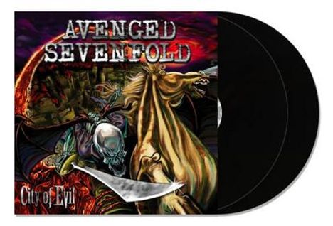 Text: "AVENGED SEVENFOLD" und "City of Evil". Cover mit Skelett als Reiter auf Pferd, im Hintergrund dramatische Szene.