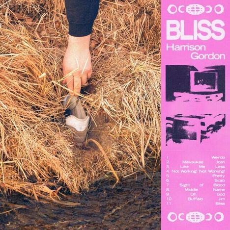Rechte Seite zeigt "BLISS" von Harrison Gordon, Trackliste darunter. Links steckt eine Hand im Gras in einem Schuh.