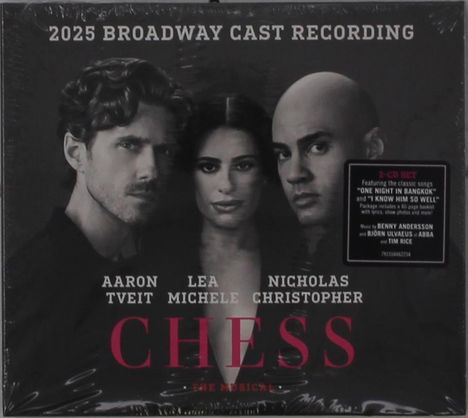 "2025 BROADWAY CAST RECORDING." Drei Gesichter, ernst blickend. Namen: Aaron Tveit, Lea Michele, Nicholas Christopher.