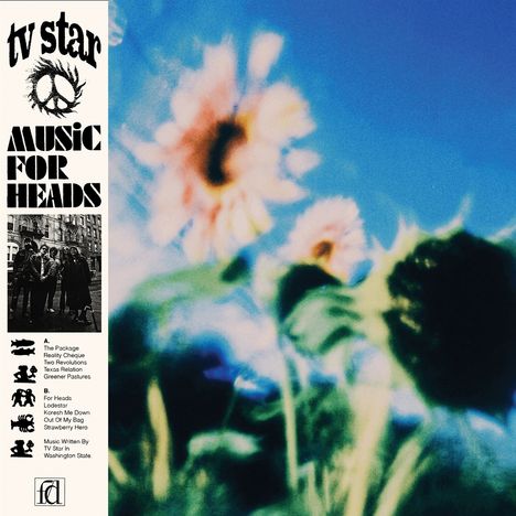 "tv star", "MUSIC FOR HEADS", Trackliste; unscharfe Sonnenblume vor blauem Himmel.