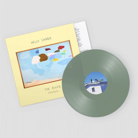 "HELLO SHARK" und "THE RIVER", eine Schallplatte mit pastellfarbenem Cover und abstraktem Gemälde.