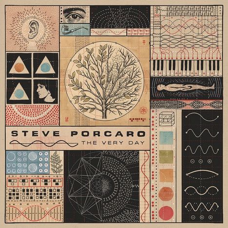 "Steve Porcaro The Very Day" steht in der Mitte, umgeben von Illustrationen wie einem Baum, geometrischen Mustern und Symbolen.