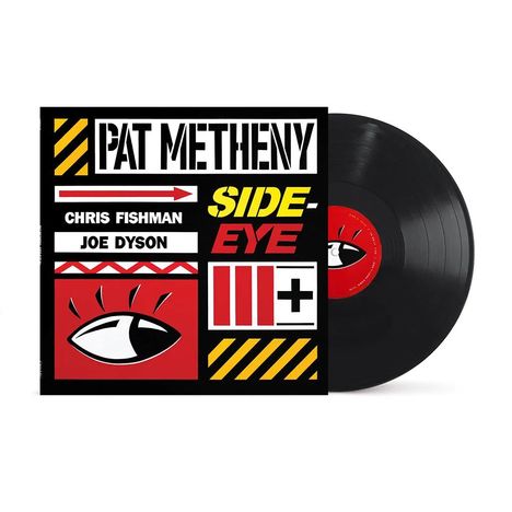 "PAT METHENY, SIDE-EYE, CHRIS FISHMAN, JOE DYSON." Illustration mit grafischen Elementen und einer Schallplatte.