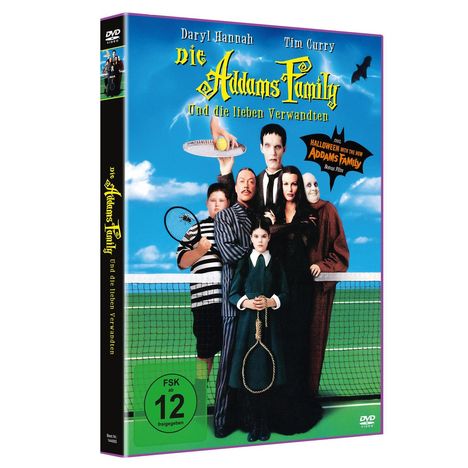 "Daryl Hannah, Tim Curry, Die Addams Family und die lieben Verwandten, FSK ab 12 freigegeben." Eine skurrile Familie auf dem Tennisplatz.