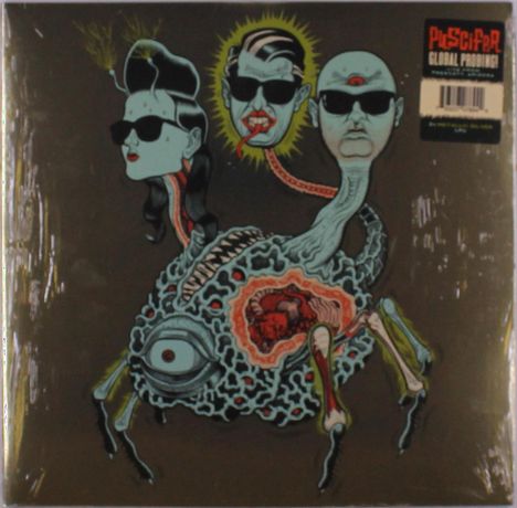 "Puscifer Global Probing" erscheint in eckigem Text. Eine surreale, dreiköpfige Kreatur mit Sonnenbrillen und einem organischen Körper.