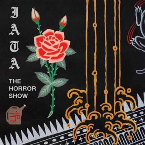 Text: "JATA THE HORROR SHOW". Illustration: Rote Rose, gelbe Ornamente, stilisierte Stoffstruktur.