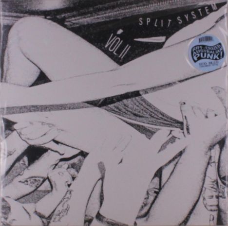 Text: "SPLIT SYSTEM VOL II" - Viele Hände halten eine Person hoch, Beine sind in der Luft, Stil erinnert an Punk-Ästhetik.