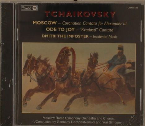 Aufschrift "Tchaikovsky: Moscow, Ode to Joy, Dmitri the Imposter". Darunter Illustration von Pferden mit einem Kutscher.